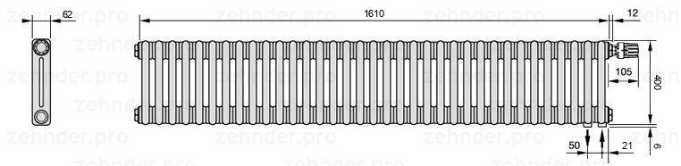 Схема (чертеж) Радиатор Zehnder Charleston 2040/35 №V002 Белый глянцевый RAL 9016